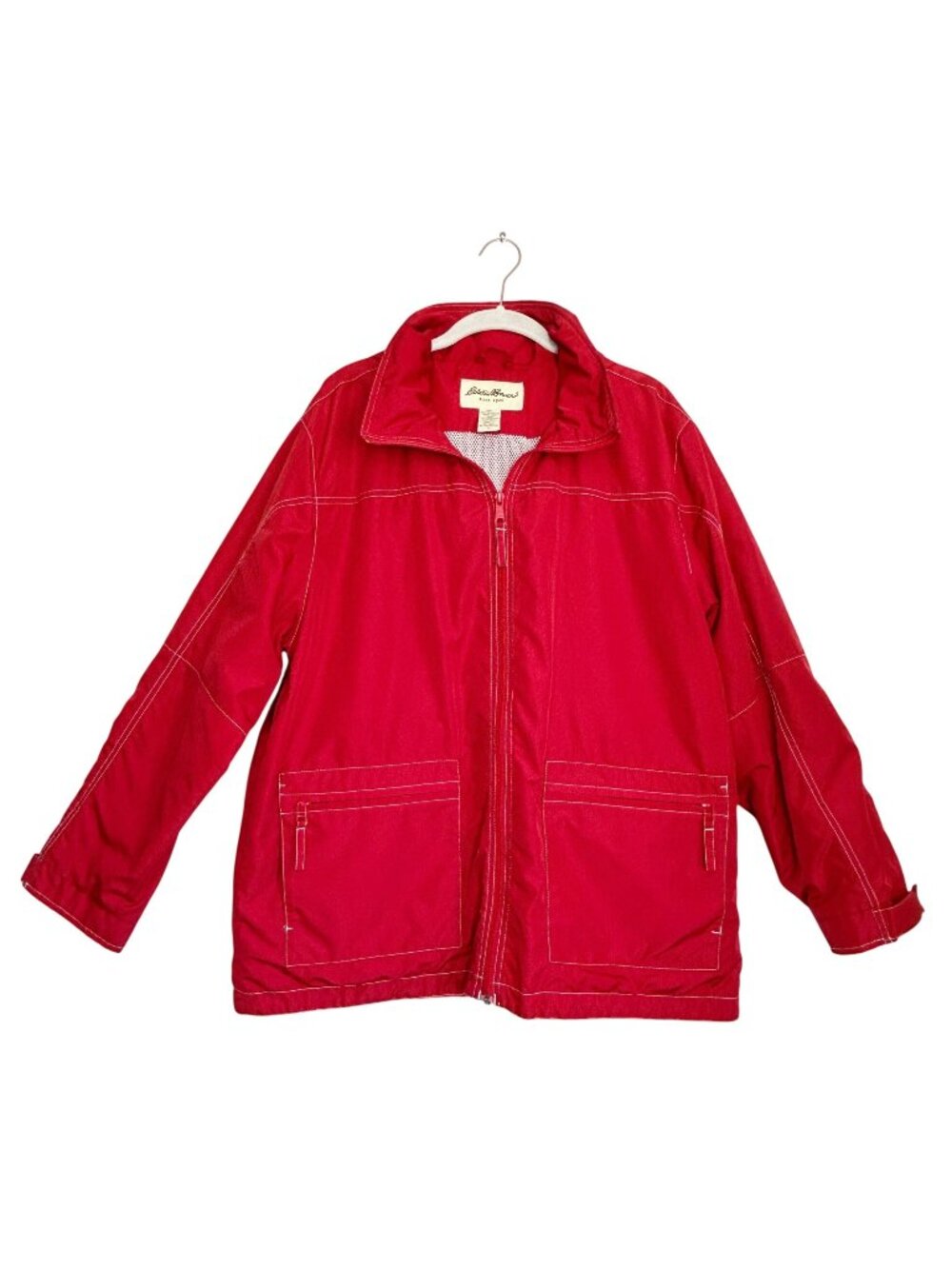 Vintage Women's Eddie Bauer Full-Zip Hooded Windbreaker Jacket in Red - Sz L